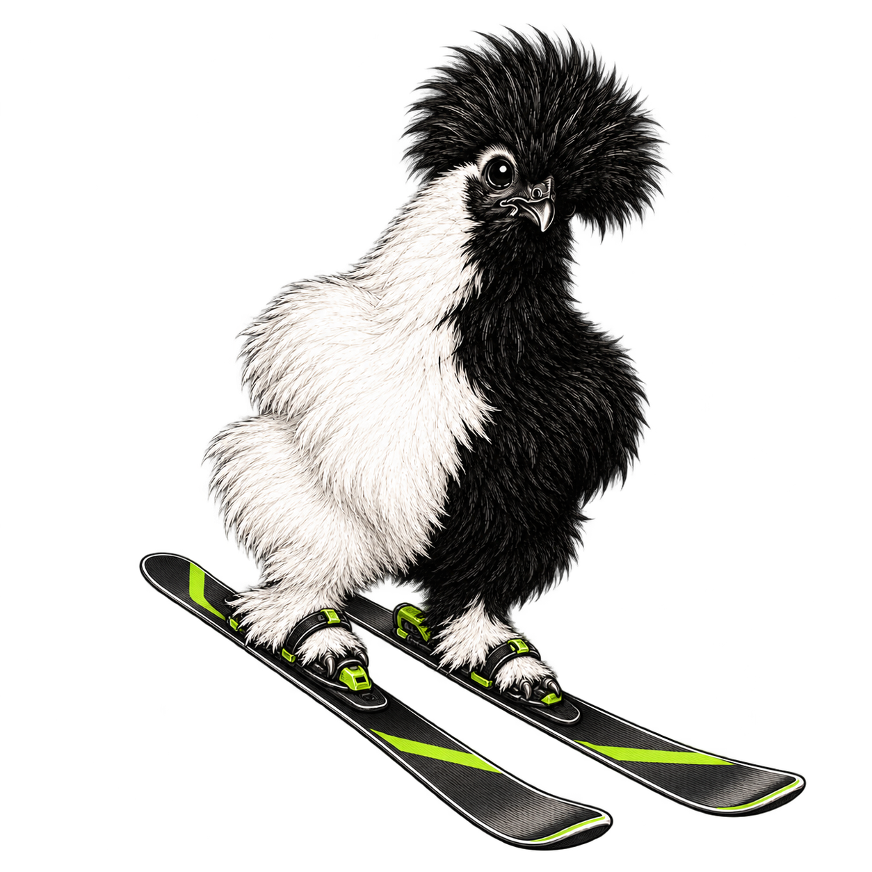 The fluffy black-and-white Goblin Reactor silkie chicken on a pair of skis.